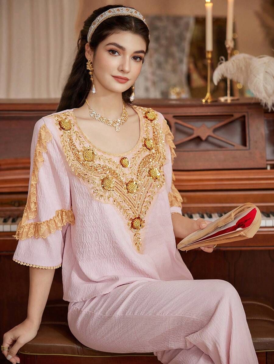 PalaceNights Vintage Royal Elegant Gold Lace Patchwork Women Sleepwear Pajama Set Holiday Season - Pink - View 1