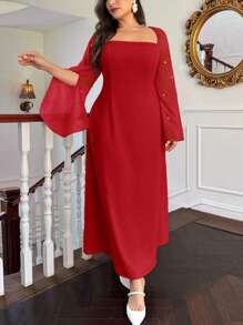 Firerie Vestido largo de línea A para mujer talla grande, elegante de satén rojo y rosa con volantes, cuello cuadrado, patchwork de gasa, para invitada de boda, ferias renacentistas y graduaciones de otoño - Rojo - Ver 5