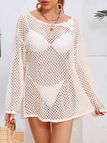 SHEIN Swim 镂空蕾丝透明沙滩比基尼罩衫和服罩衫，轻盈夏季度假风格女式泳装外衣