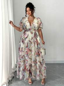 Auvina Women's Spring & Summer V-Neck Jacquard Puff Sleeve Tie-Waist Elegant Dress - Multicolor - View 3