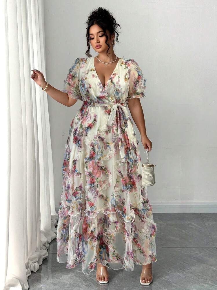 Auvina Vestido elegante con cuello en V, mangas abullonadas, estampado jacquard y cinturón en la cintura para mujeres en primavera y verano - Multicolor - Añade 3