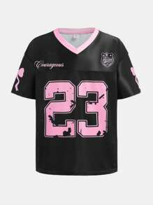 SHEIN Tween Girls' Casual Streetwear V-Neck Knit Splicing Mesh Oversize Loose Bat Sleeve Short Sleeve T-Shirt With Text & Number & Bow Print, Black