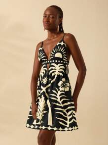 CAJUNI Women's Boho Tropical Green Palm Tree, Sunshine Print Deep V-Neck Spaghetti Strap Backless A-Line Short Dress,Bohemian Clothes