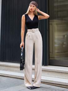 EURMUSE Fashionable Versatile Solid Color High Waist Straight Leg Suit Pants - Apricot - View 3