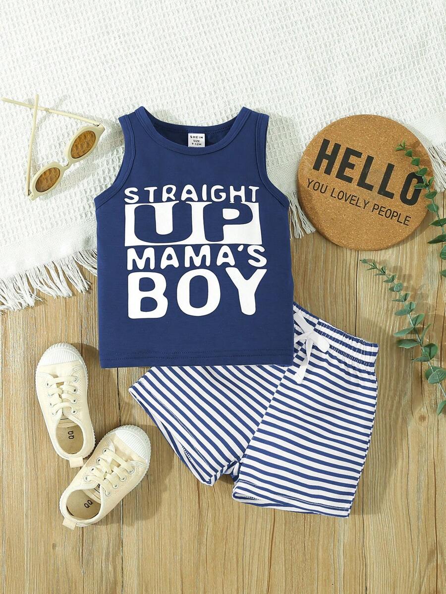 Baby Boy Street Style Striped Letter Print Tank Top And Shorts Set, Spring/Summer - Multicolor - View 1