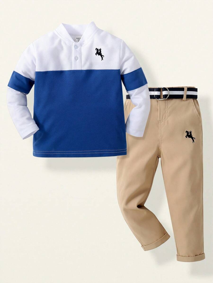 SHEIN 男孩色塊拼接polo衫加腰帶直筒褲套裝 - 藍色 - 查看 1