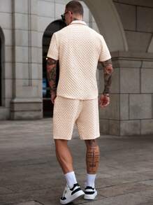 Manfinity CasualCool Men's Textured Short Sleeve Shirt And Shorts Casual Suit - Khaki - View 2