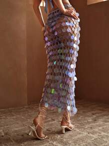 MOTF PREMIUM SHEER CONTRAST SEQUIN COVER UP SKIRT FOR SUMMER BEACH VACATION - Blue - View 3