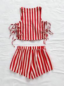 Soleia 女士度假风绿白条纹侧蝴蝶结吊带背心和宽松休闲短裤，夏季海滩婚礼西方音乐节波西米亚风两件套 - 紅白色 - 查看 2