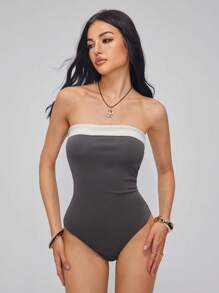 Roylia Color Blocking Strapless Casual Women's Bodysuit