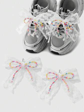 Kawaii 2 pezzi Clip per scarpe di moda chic minimalista, di alta qualità, realizzate a mano, con perle colorate, cristalli e fiocco in pizzo, decorazioni adatte per donne, uso quotidiano, regali