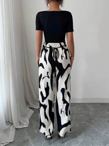 Elenzga 女士优雅撞色方领短袖连体裤 - 黑與白 - 查看 2