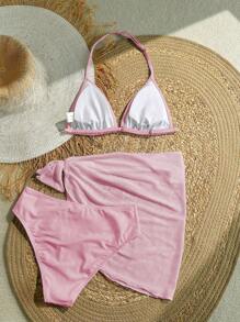 SHEIN 少女三件套白色比基尼沙滩泳装套装 - 粉色 - 查看 2