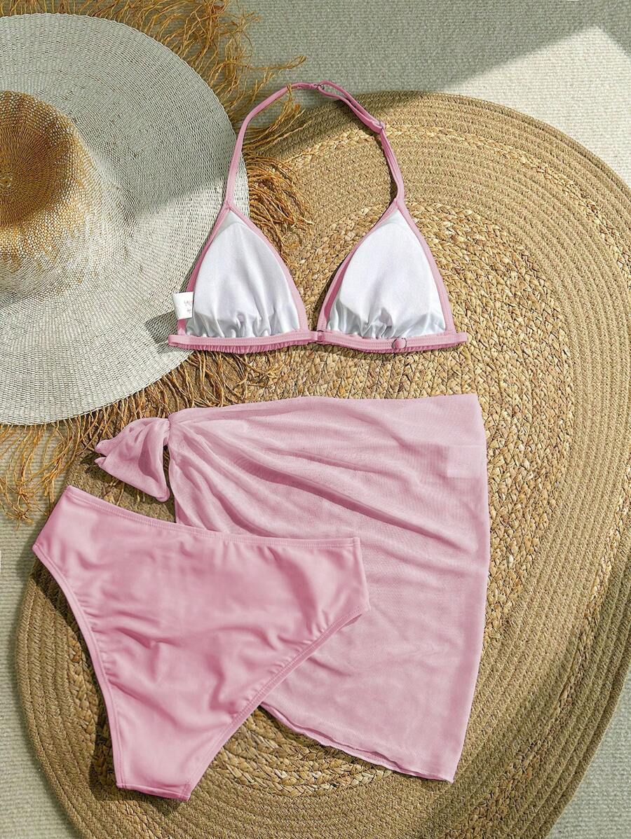 SHEIN 少女三件套白色比基尼沙滩泳装套装 - 粉色 - 查看 1