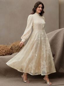 Anewsta Women's Elegant Hollow-Out Floral Embroidered Long Sleeve Dress, Spring/Summer, Suitable For Wedding Guest, Spring Outfit - Apricot - View 5