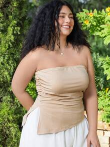 SHEIN EZwear Plus Size Black Pleated Slit Strapless Knit Stretch Top - Brown - View 6