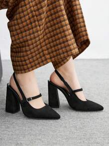 CUCCOO BIZCHIC 基本款简约黑色绒面革粗跟尖头系带时尚女鞋 - 黑色 - 查看 3