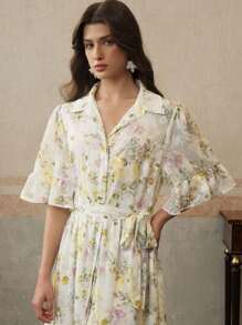 Anewsta Đầm nữ tay ngắn họa tiết hoa trơn màu thanh lịch - Màu be - Xem 7