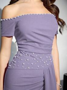 Coutiva Đầm dạ hội trang trọng hở vai tay ngắn đính đá lấp lánh màu hồng cánh sen dành cho nữ - Màu tím hoa cà - Xem 5