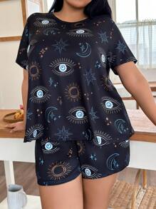 Conjunto de pijama de manga corta con cuello redondo y pantalón corto con estampado divertido, talla grande