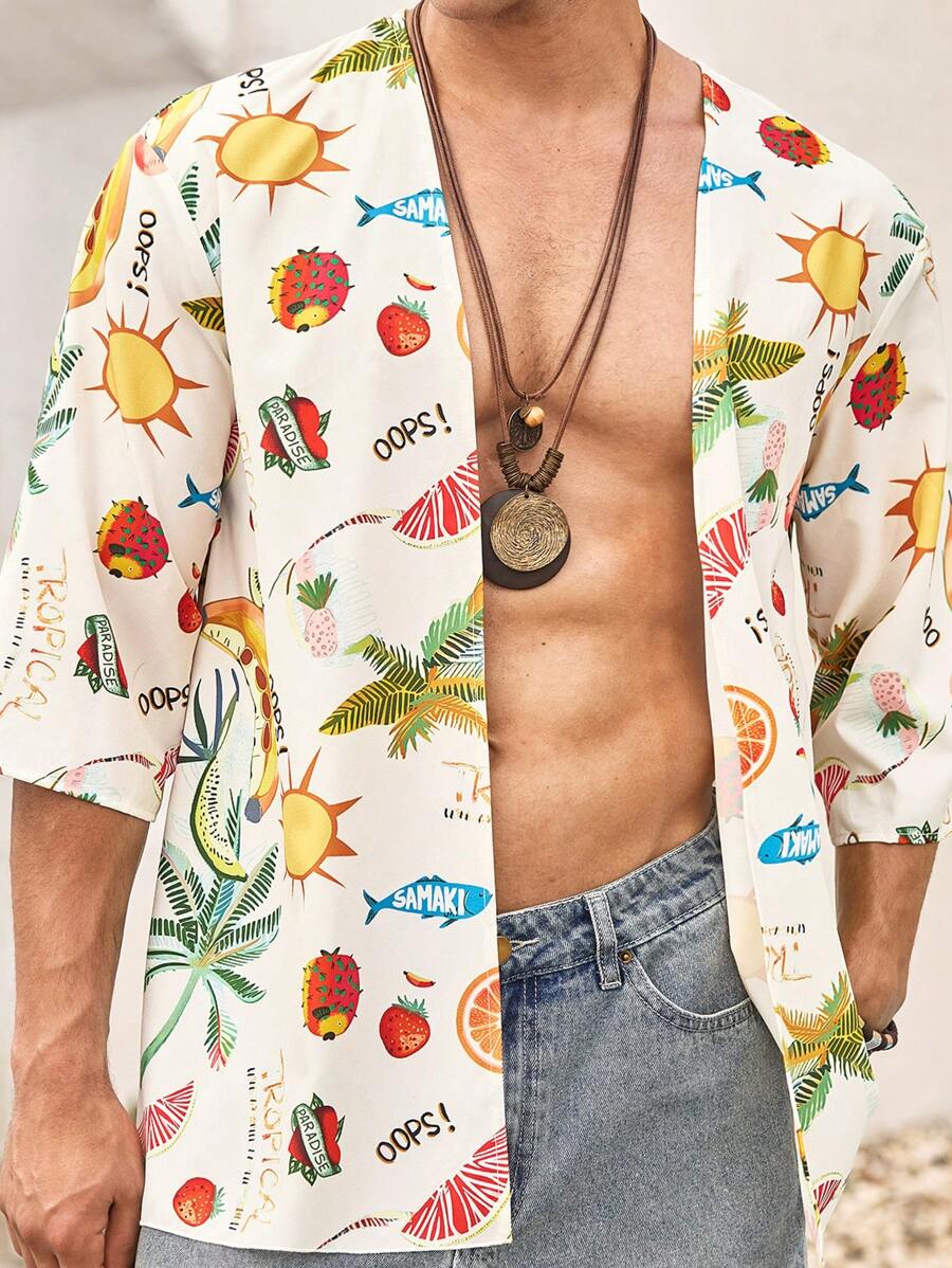 Mainfolk Men's Casual Woven Fruit & Coconut Tree Sun Letter Print Short Sleeve Open Front Shirt, Suitable For Summer - Multicolor - View 1