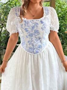 SHEIN VCAY Plus Size Women Vintage Floral Jacquard Drawstring Tie Waist Fitted Camisole Tank Top - Blue - View 3