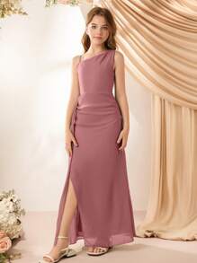 Elegant Flower Girl Long Chiffon Spaghetti Strap Ruffle Slit Dress For Wedding, Prom, Birthday, Party Fall Winter - Pink - View 4