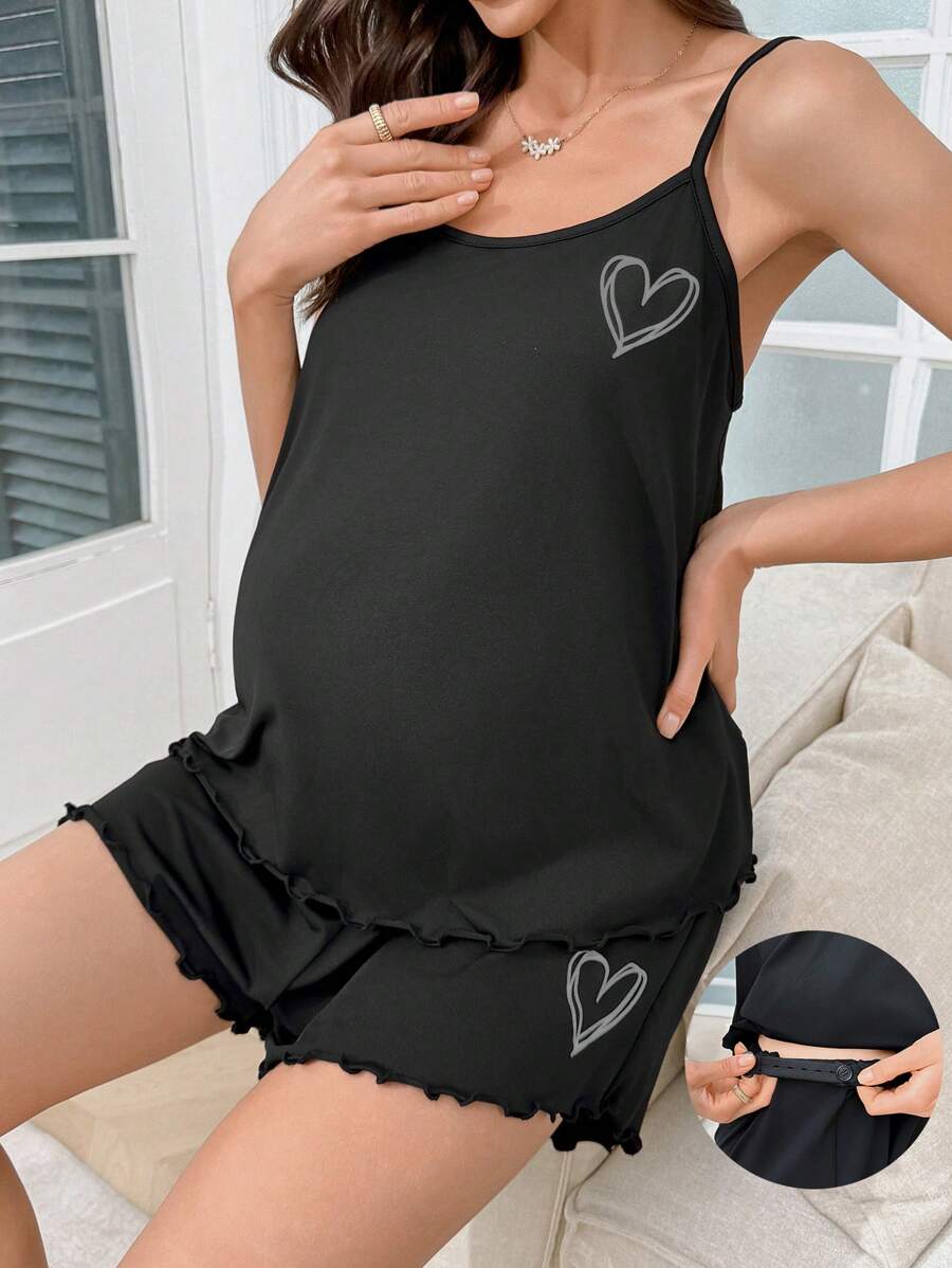 SHEIN Set di pigiama da allattamento comodo in seta di latte con stampa a cuori tinta unita