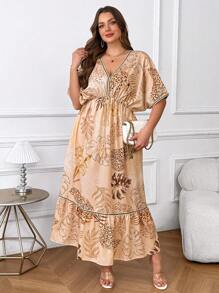 SHEIN Clasi Plus Size Elegant Printed V-Neck Waist Cinching Dress,Long Flowing Beautiful Dress Dresses For Women Summer Dresses For Women