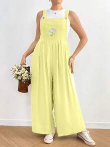 Flirla 新款休闲风菊花刺绣口袋阔腿裤，宽松百搭背带裤工装休闲裤 - 黃色 - 查看 4