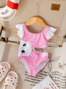 SHEIN Traje de baño de una pieza con mangas cortas y decoración de gato hueco para niñas jóvenes
