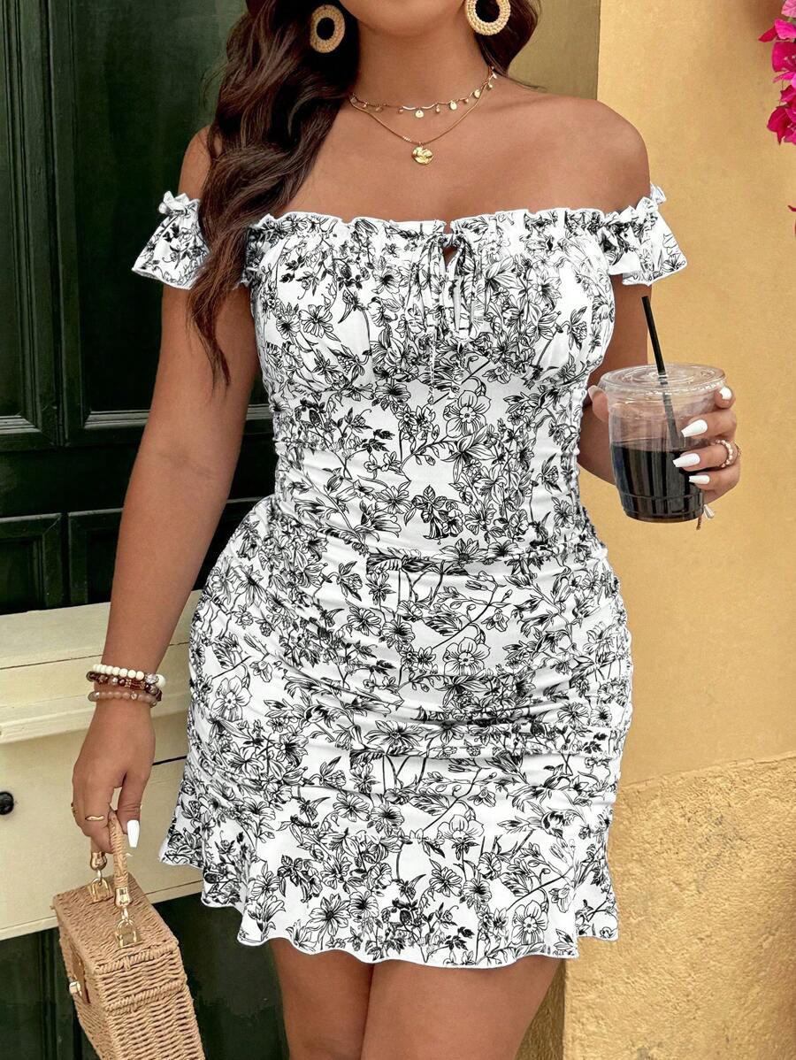 Breezaya Plus Size Women's Off-The-Shoulder Floral Print Mini Dress, Vacation Style Spring & Summer - Black - View 1
