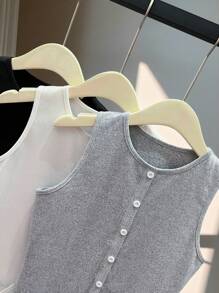 Chiquease 女式纯色优雅小圆领无袖开衩修身纽扣前开襟吊带背心三件套 - 彩色 - 查看 5