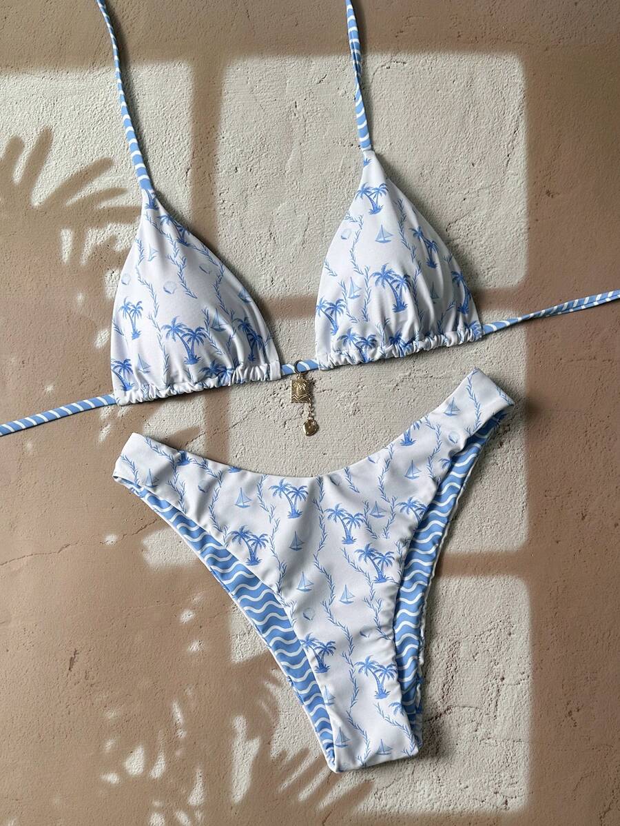 Swim Mod 2pcs/Set Summer Vacation Random Gold Palm Tree Print Halter Triangle Top & High Cut Bottoms Sexy Bikini Set - Blue and White - View 1