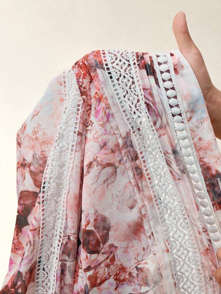 Blusa Tecida de Manga Longa com Renda Floral Azul Elegante para Mulheres, Adequada para o Transporte Diário, Primavera