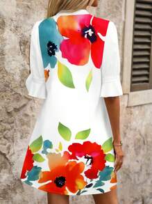 SHEIN Clasi Colored Hibiscus Placement Print Holiday Casual Short Women Dress  Gifts For Mother  Chill Vacation  Springbreak,Island Vacation Outfits - Multicolor - View 3