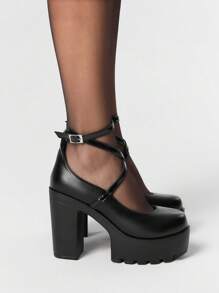 ROMWE Goth 深色哥特式和朋克摇滚封闭式交叉带玛丽珍粗跟鞋，系带正装工作鞋，防水厚底女式高跟鞋，万圣节 - 黑色 - 查看 4