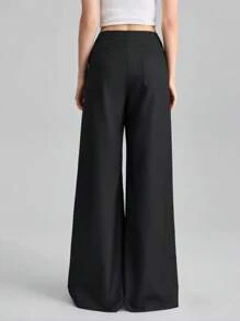 Ontre 2 件女士纯色裤子，适合夏季，黑色长裤，浪漫优雅，时尚通勤，都市装 - 黑色 - 查看 2