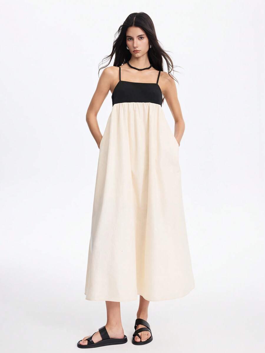 LYSMO Women's Black And White Summer Elegant Vacation Effortless Chic Spaghetti Strap Side Pocket Backless Colorblocked A-Line Maxi Dress, French Style Commute - Black and White - View 1