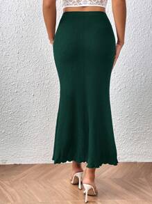 SHEIN PETITE CURVE 大码女式纯色美人鱼下摆长款优雅中长裙 - 墨綠色 - 查看 2