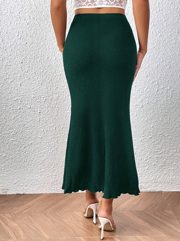SHEIN PETITE CURVE 大码女式纯色美人鱼下摆长款优雅中长裙 - 墨綠色 - 查看 2