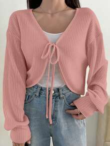 Dazy Plus Camiseta de manga larga con cuello en V y cordón, unicolor, corta, tallas grandes, para primavera/verano y otoño