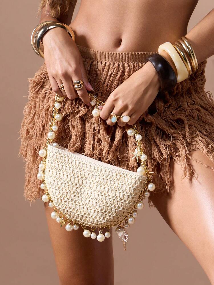 MISSGUIDED Crochet Pearl Embellished Half Moon Handbag