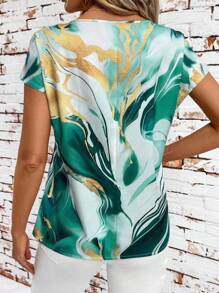 SHEIN Clasi Round Neck Blue Wavy Pattern & Gold Graphic Women Shirt, For Daily Wear - Green - View 2