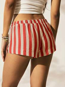 Easelle 女式红色条纹编织侧扣设计休闲短裤 - 紅色 - 查看 3
