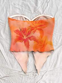 Soleia Women Vacation Style Orange Tropical Flower & Tie-Dye Print Top With Asymmetrical Hem, Suitable For Spring/Summer Holidays - Orange - View 2