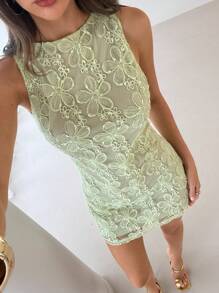 Aloruh Robe mini sexy à volants pour femme, robe fourreau dos nu en mousseline de soie brodée, idéale pour les vacances, style haltère, printemps/été