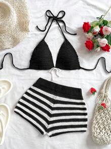 Soleia 2pcs/Set Holiday Beach Decoration Red & White Striped Bikini Sweater Set In Fall/Winter - Black and White - View 4