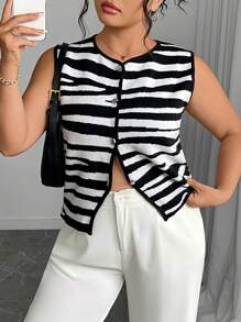 Plus Size Women's Round Neck Single Breasted Casual Versatile Knitted Vest - Multicolor - View 1