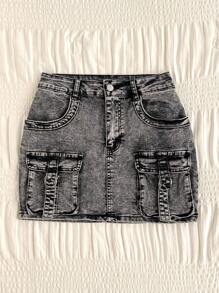 Attitoon Falda vaquera de carga tipo cowboy de estilo grunge Y2K - Gris Oscuro - Ver 3